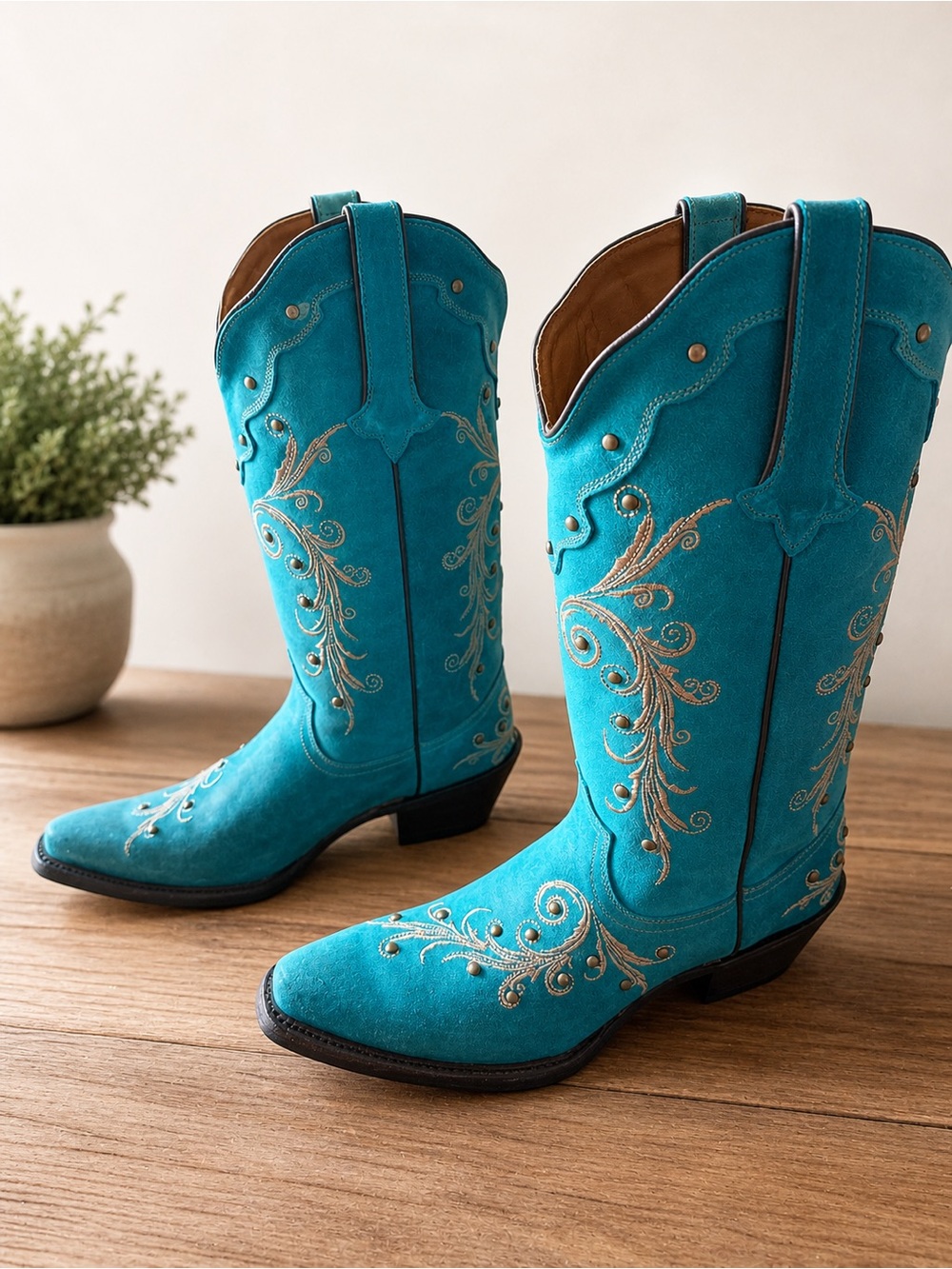 Tanner Mark Turquoise Embroidered With Grommets Western Cowgirl Boots - Women